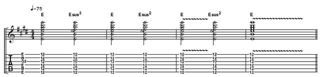 Example 6: Use your thumb to strike the strings from low to high (thick to thin). The slide should play all the notes at the 12th fret, with your first finger fretting behind the slide to add the sus2 at the 10th fret on the third string. "When you start to get a feel for it [fretting behind the slide], start laying out these chords - just something really simple - and get used to holding [sustaining] it."